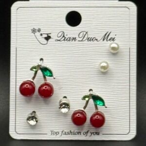 Cherry Stud Earrings Dangle‎ Pearl Studs Rhinestone Earring Set